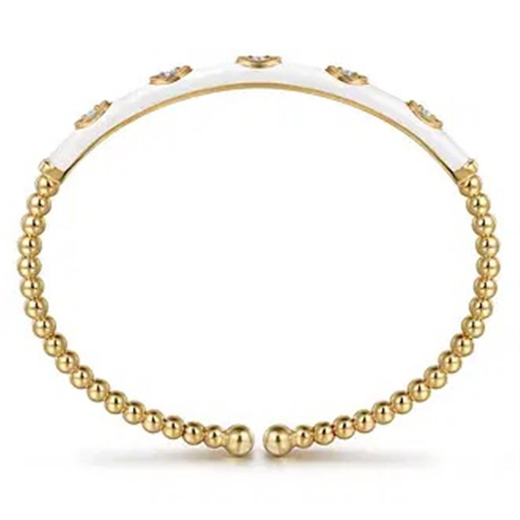 14K Yellow Gold Bujukan Beads and Diamond Split Bangle with White Enamel