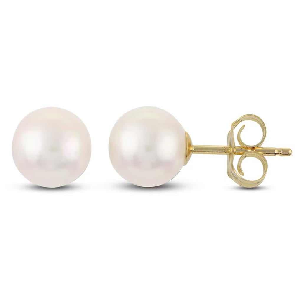 14kt Yellow Gold 7.5–8mm Round White Pearl Stud Earrings