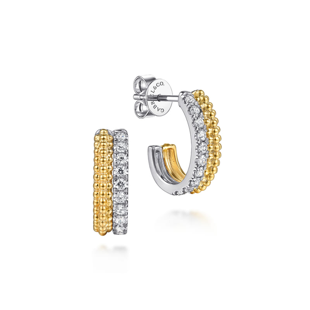 14KT Two-Tone Diamond J-Hoop Earrings