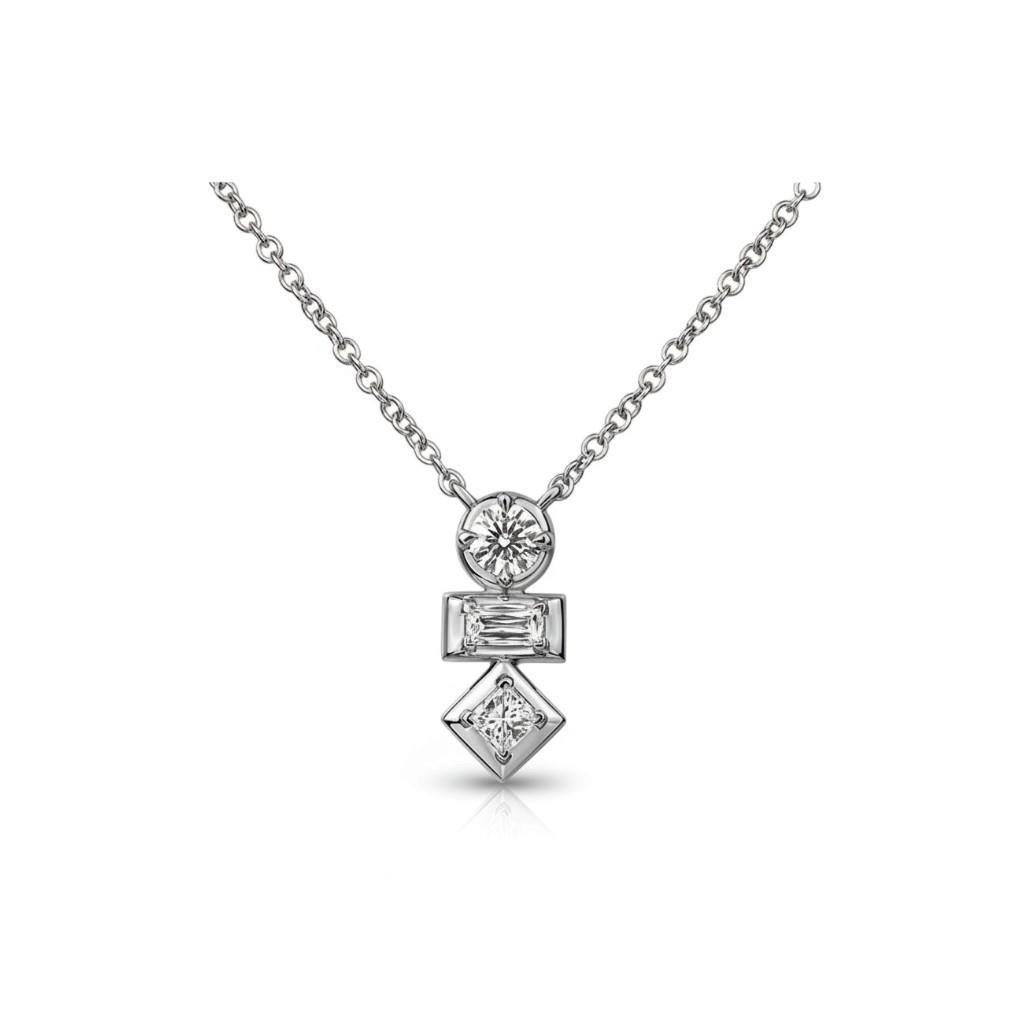 14KT White Gold 3-Stone Multi-Shape Diamond Dangle Necklace