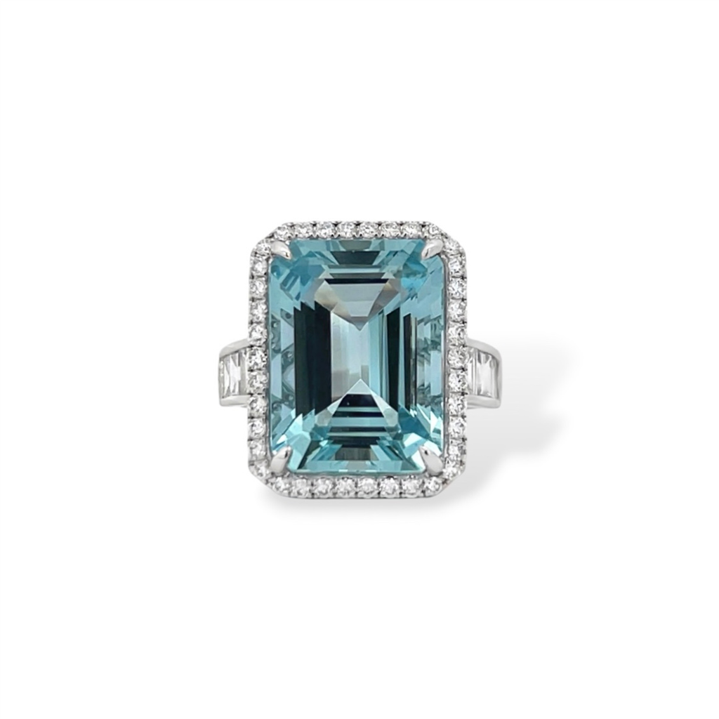 18K White Gold Aquamarine & Diamond Halo Ring | 12.59 CTW