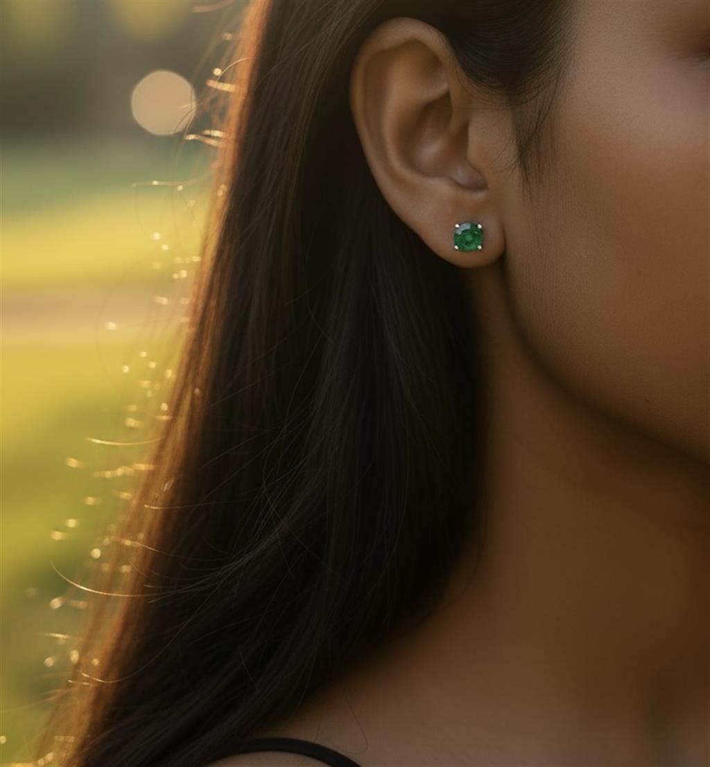14KT White Gold Round Emerald Stud Earrings