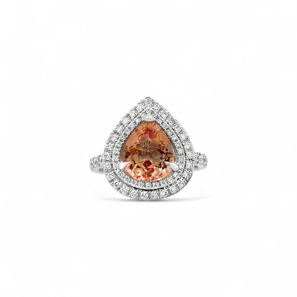 18KT White Gold Pear Shaped Double Halo Diamond & Imperial Topaz Ring