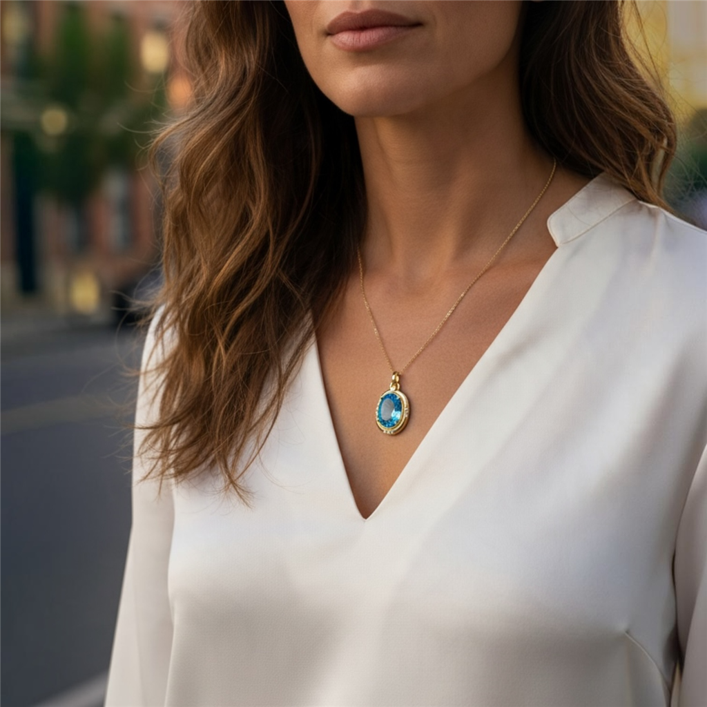 14KT Yellow Gold Oval Blue Topaz And Diamond Pendant