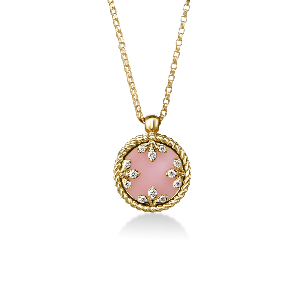 18kt Yellow Gold Venetian Medallion Pink Opal & Diamond Necklace – 17"