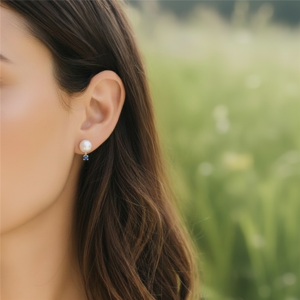 14KT Yellow Gold Pearl & Sapphire Stud Earrings