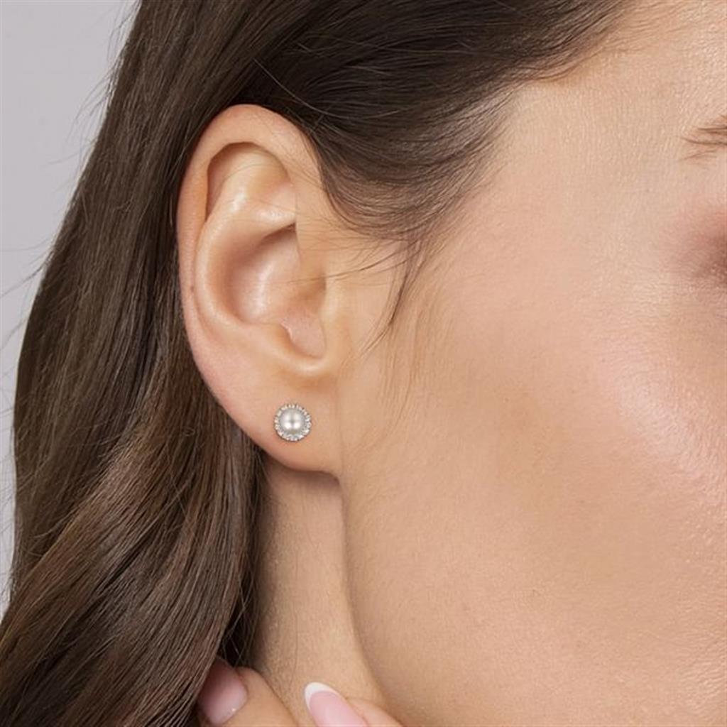 14K White Gold Diamond and Pearl Stud Earrings