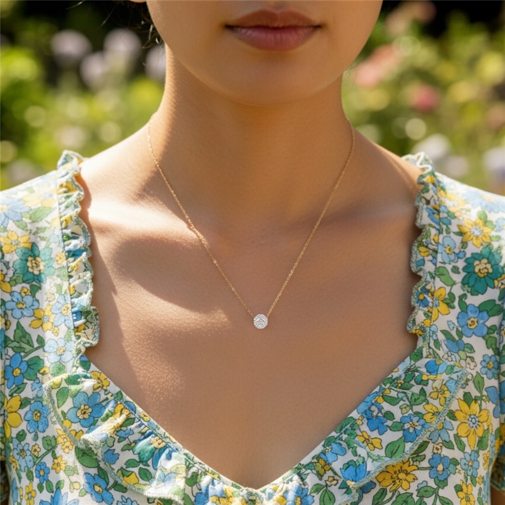 14KT Yellow Gold Octagonal Diamond Halo Necklace