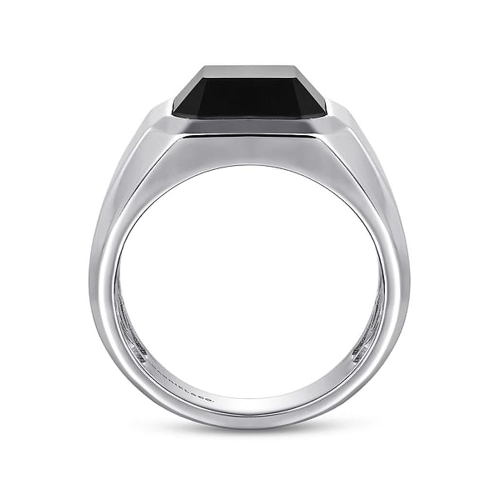 Wide 925 Sterling Silver Signet Ring with Faceted Onyx Stone in Sand Blast Finish