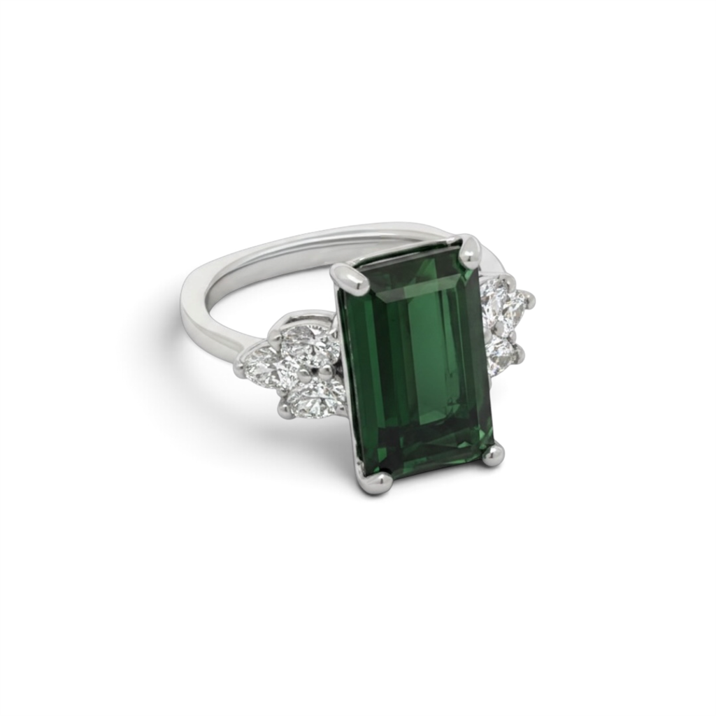 14K White Gold Euro Shank Green Tourmaline & Diamond Ring – 5.48ct