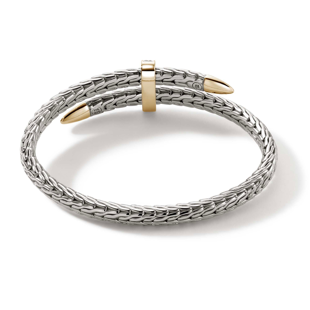 14kt Yellow Gold & Sterling Silver Classic Chain Diamond Pavé Spear Bypass Flex Cuff