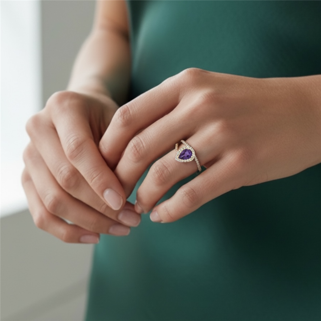 14K Yellow Gold Pear Amethyst & Diamond Halo Ring
