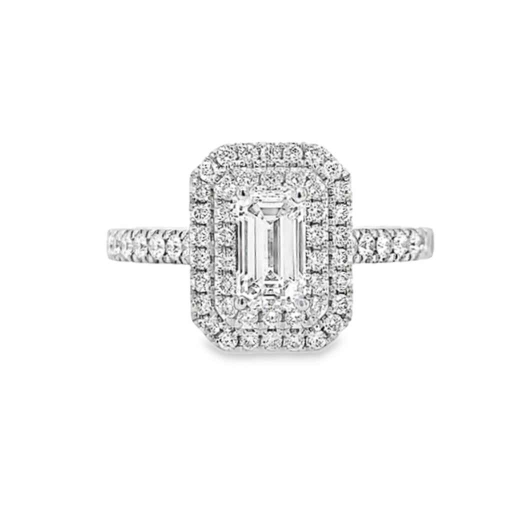 18kt White Gold Emerald-Cut Double Halo Engagement Ring