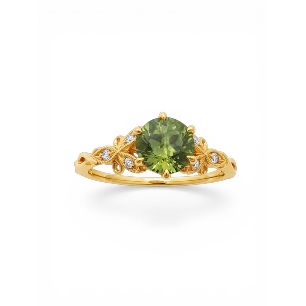 14 Kt Yellow Gold Diamond & Peridot Floral Ring