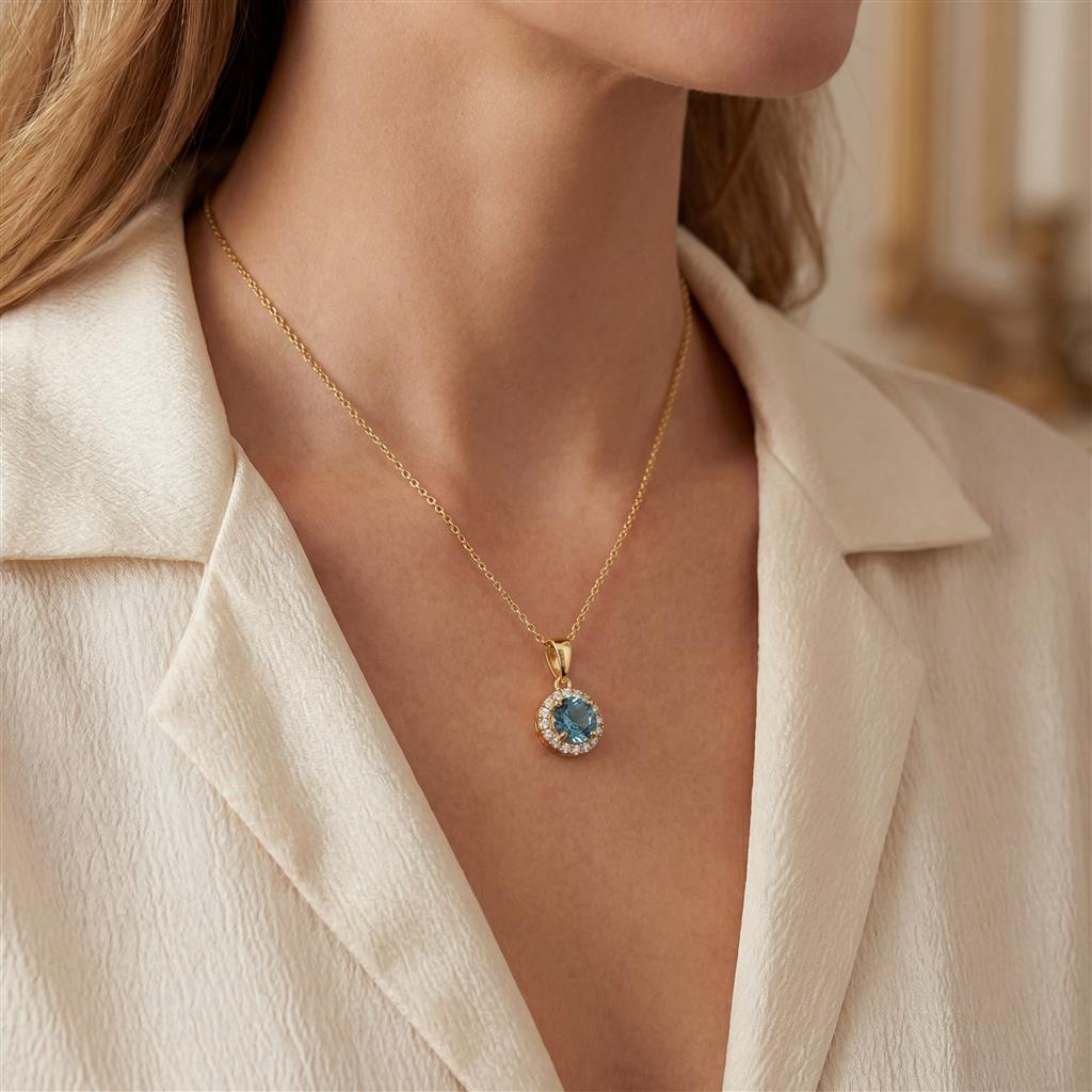 14KT Yellow Gold Aquamarine and Diamond Round Halo Pendant
