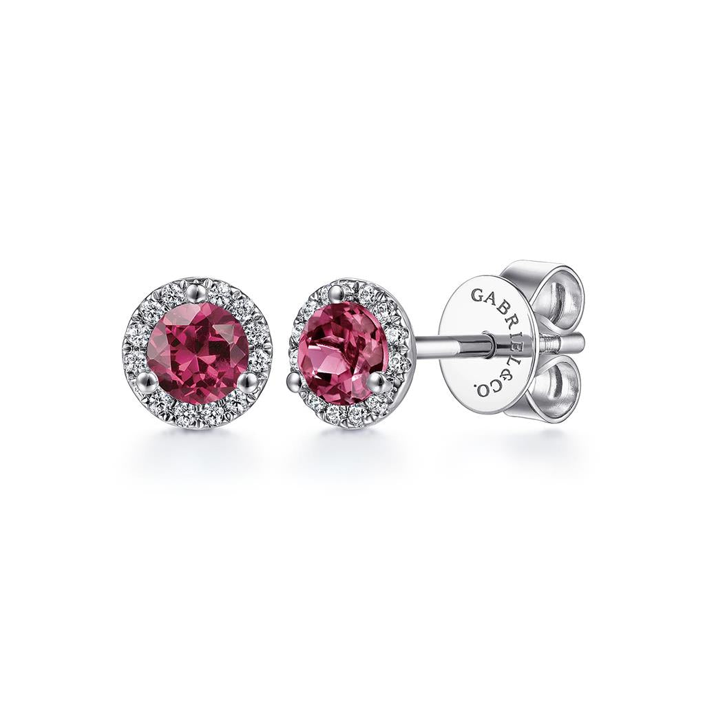 14kt White Gold Pink Tourmaline & Diamond Halo Stud Earrings