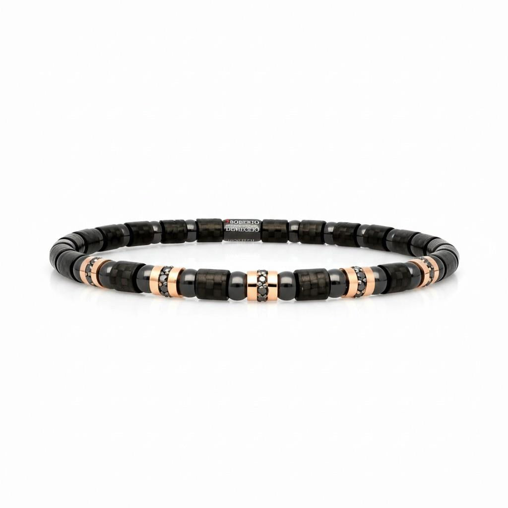 Black Ceramic, Carbon & 18KT Rose Gold Black Diamond Station Stretch Bracelet
