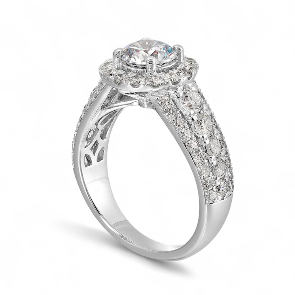 14KT White Gold Round Halo 3 Row Diamond Engagement Ring Semi-Mounting