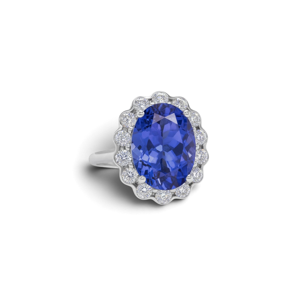 18KT White Gold 6.96ct Tanzanite & 1.00ct Diamond Oval Halo Ring