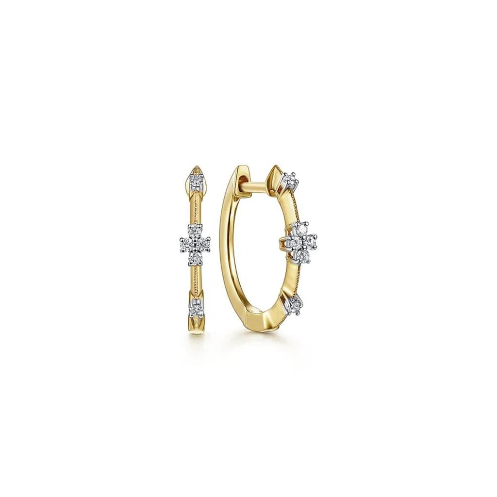14 Kt Yellow Gold Diamond Station Huggie Hoop Earrings