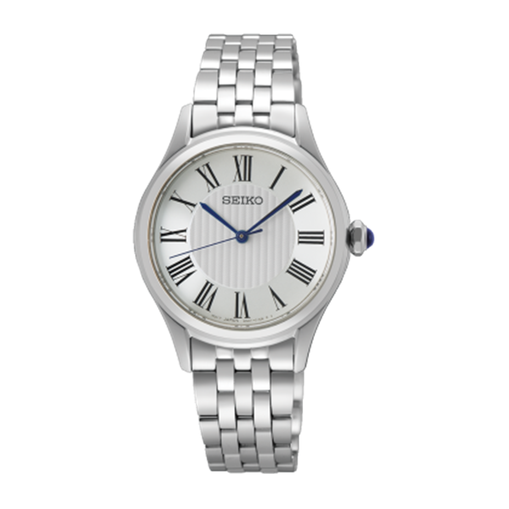 Seiko Essentials Stainless Steel White Roman Numeral Dial Watch – Ref. SUR609