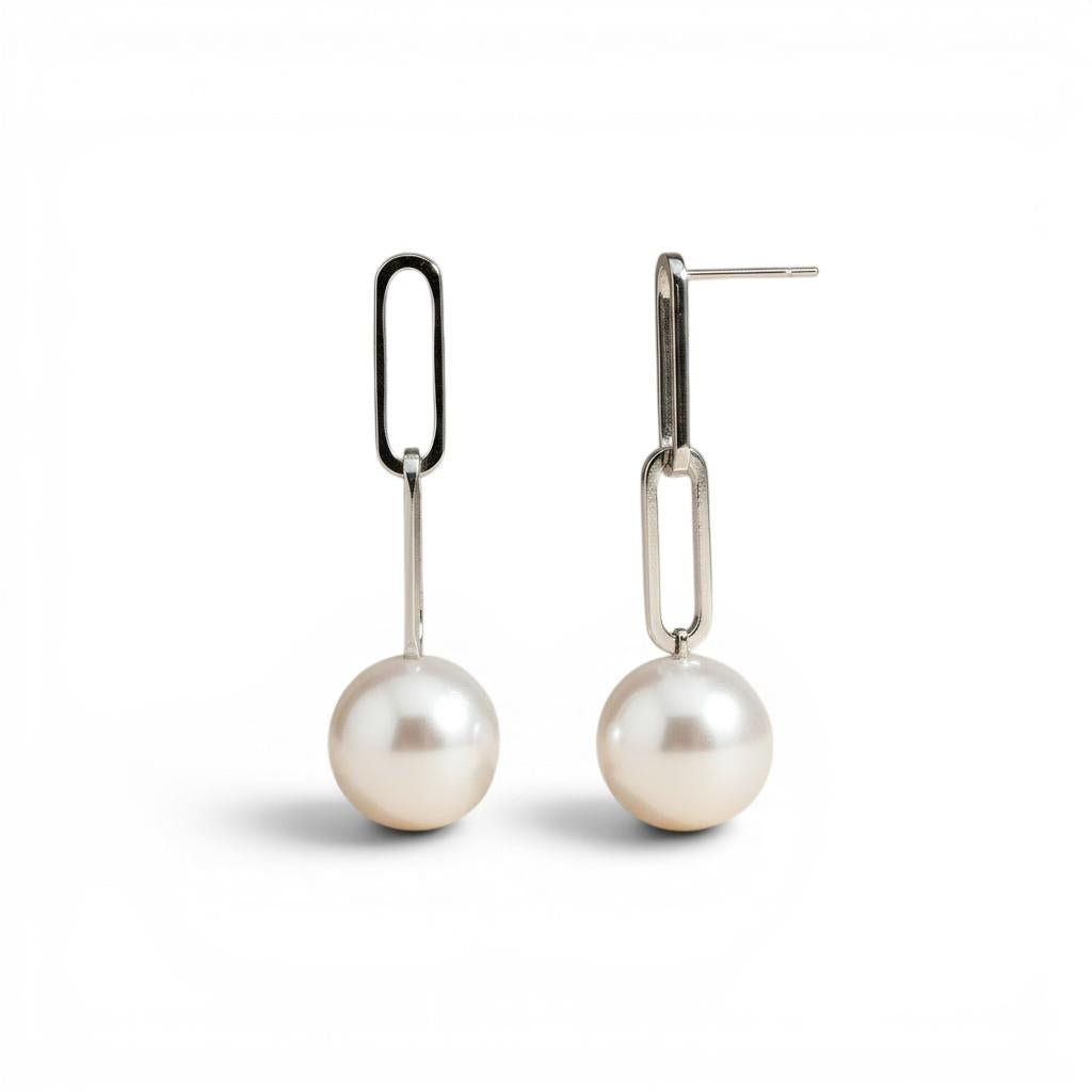 14kt White Gold Paperclip Pearl Dangle Earrings