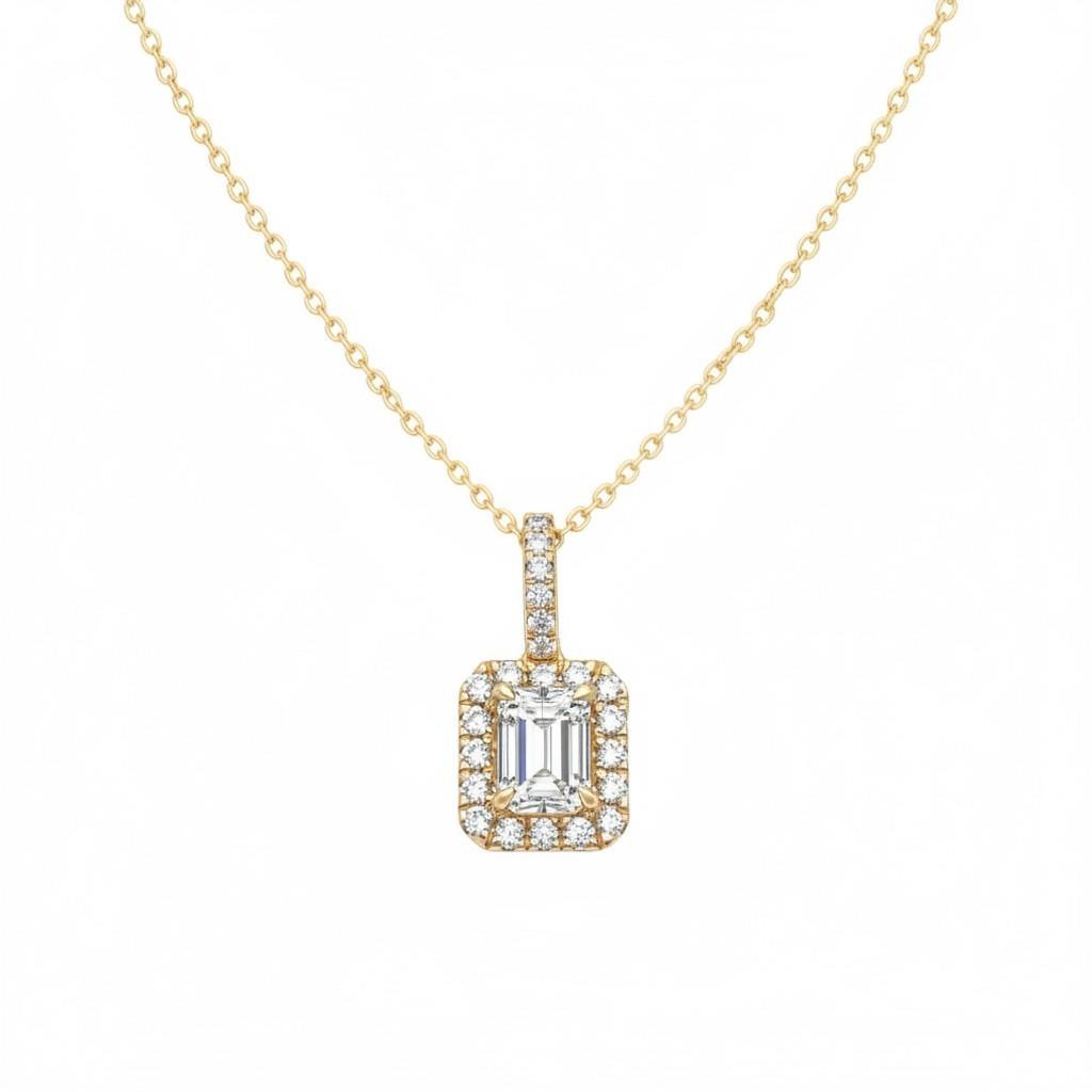 14K Yellow Gold Emerald Cut Diamond Halo Pendant