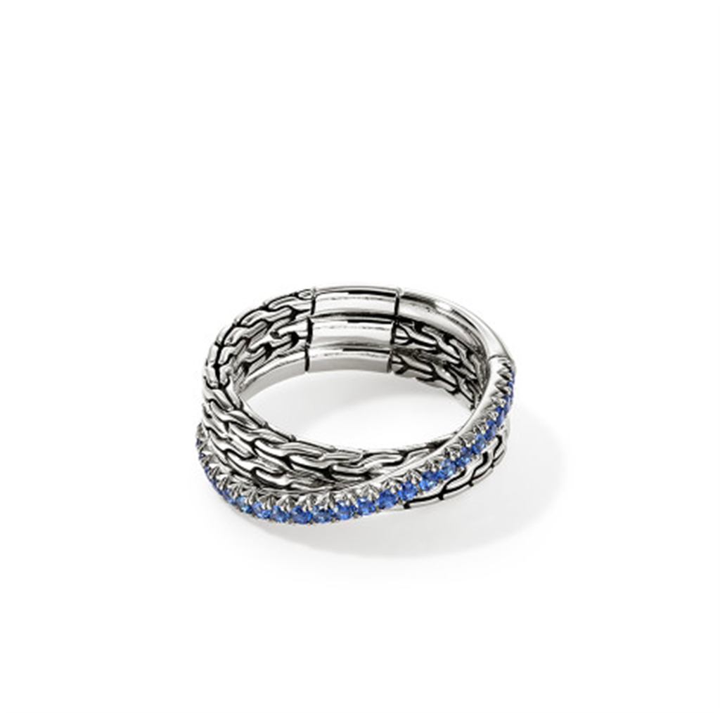 Sterling Silver JH Essential 7mm Crossover Pavé Blue Sapphire Ring