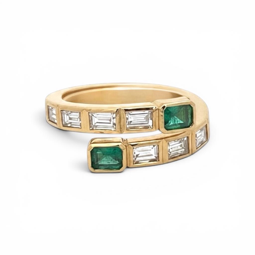 18K Yellow Gold Emerald & Diamond Bypass Ring | Bezel Set 1.41 CTW Fashion Ring