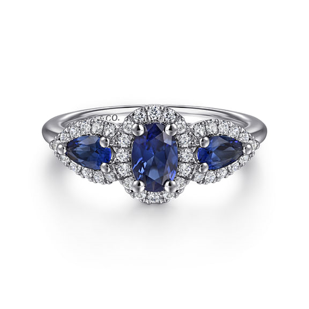 14KT White Gold Diamond & Sapphire 3 Stone Halo Ring