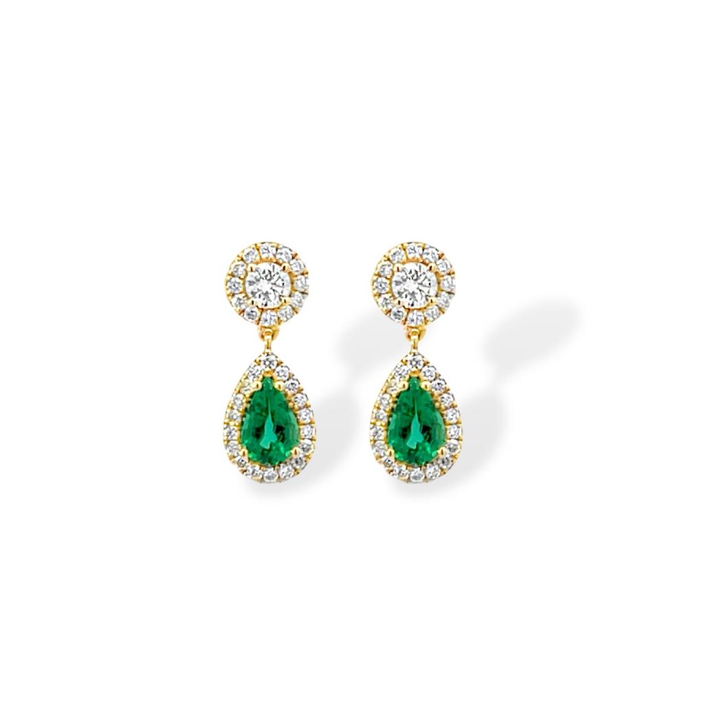 14K Yellow Gold Emerald & Diamond Two-Stone Halo Dangle Earrings