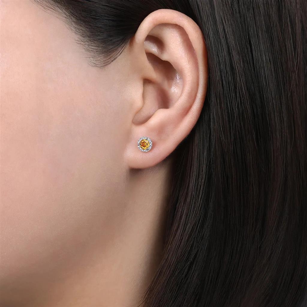 14K White Gold Halo Citrine and Diamond Stud Earrings