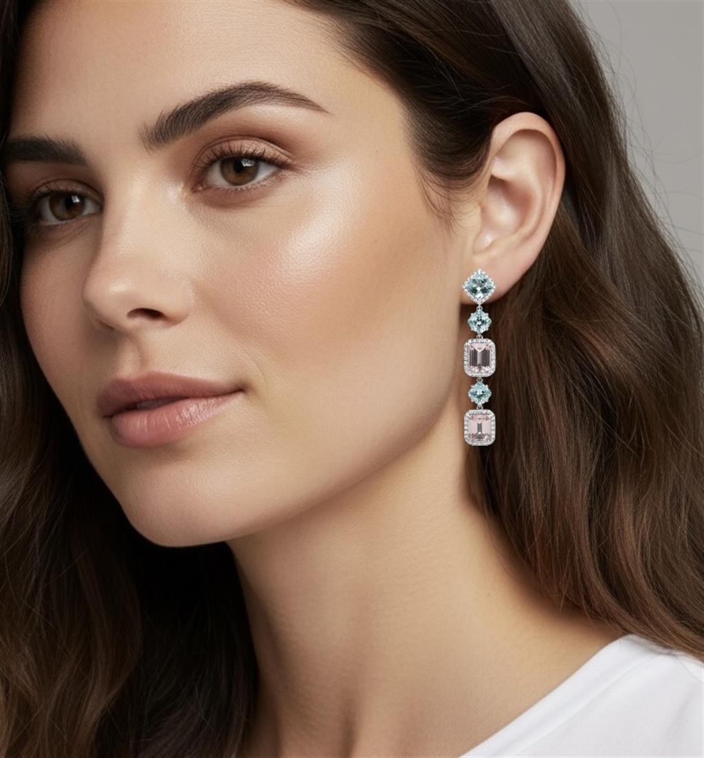 18K White Gold Morganite, Aquamarine & Diamond Halo Dangle Earrings
