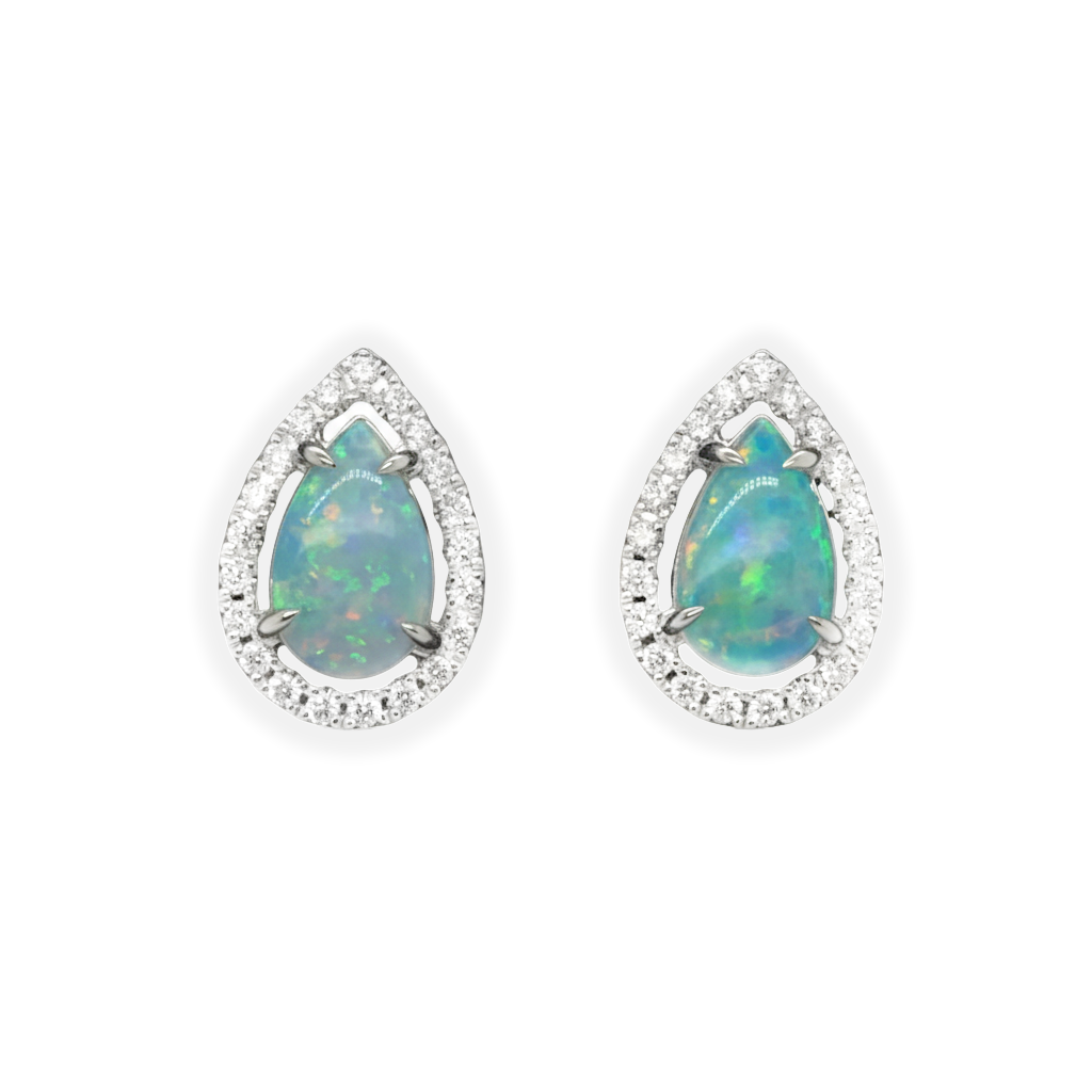 14KT White Gold Diamond & Opal Pear-Shaped Halo Stud Earrings