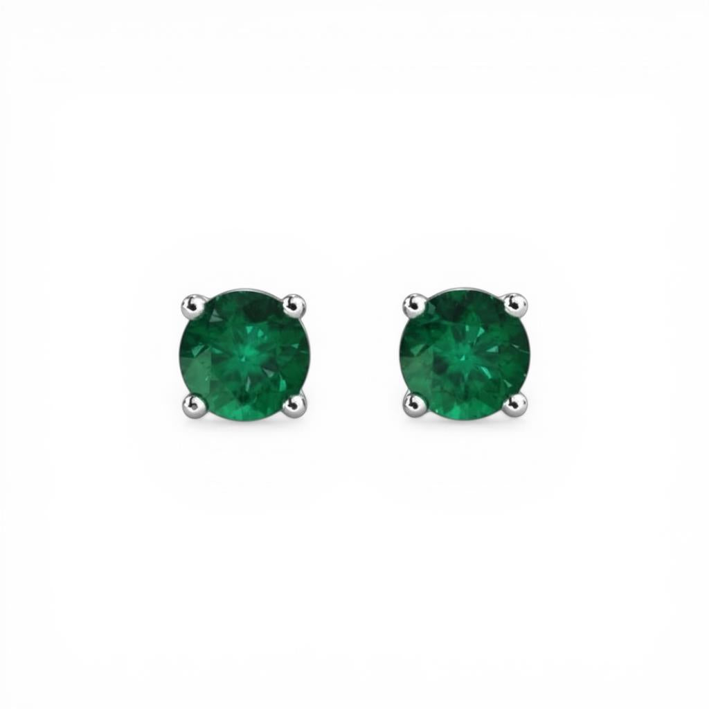 14KT White Gold Round Emerald Stud Earrings