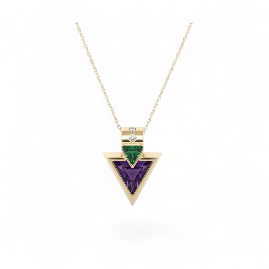 14KT Yellow Gold Trillion Amethyst, Tourmaline & Diamond Pendant Necklace