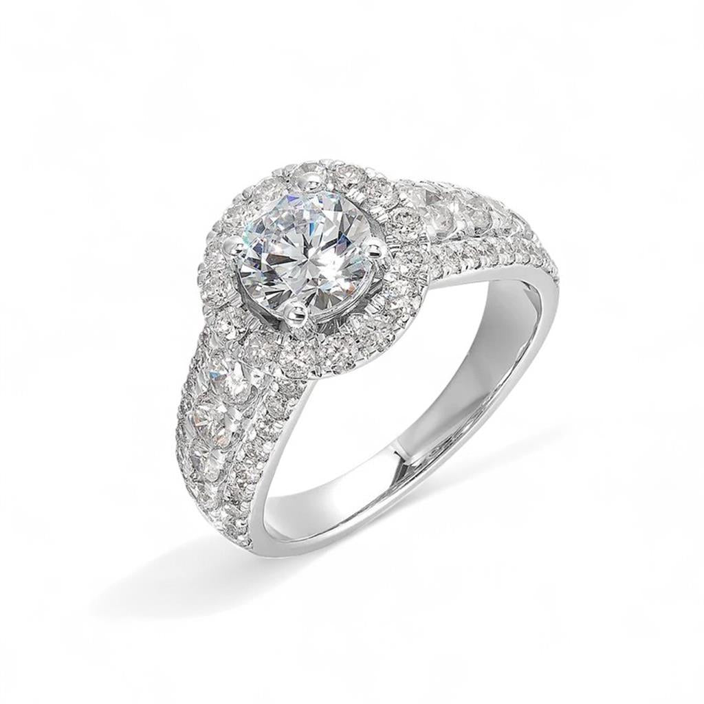 14KT White Gold Round Halo 3 Row Diamond Engagement Ring Semi-Mounting
