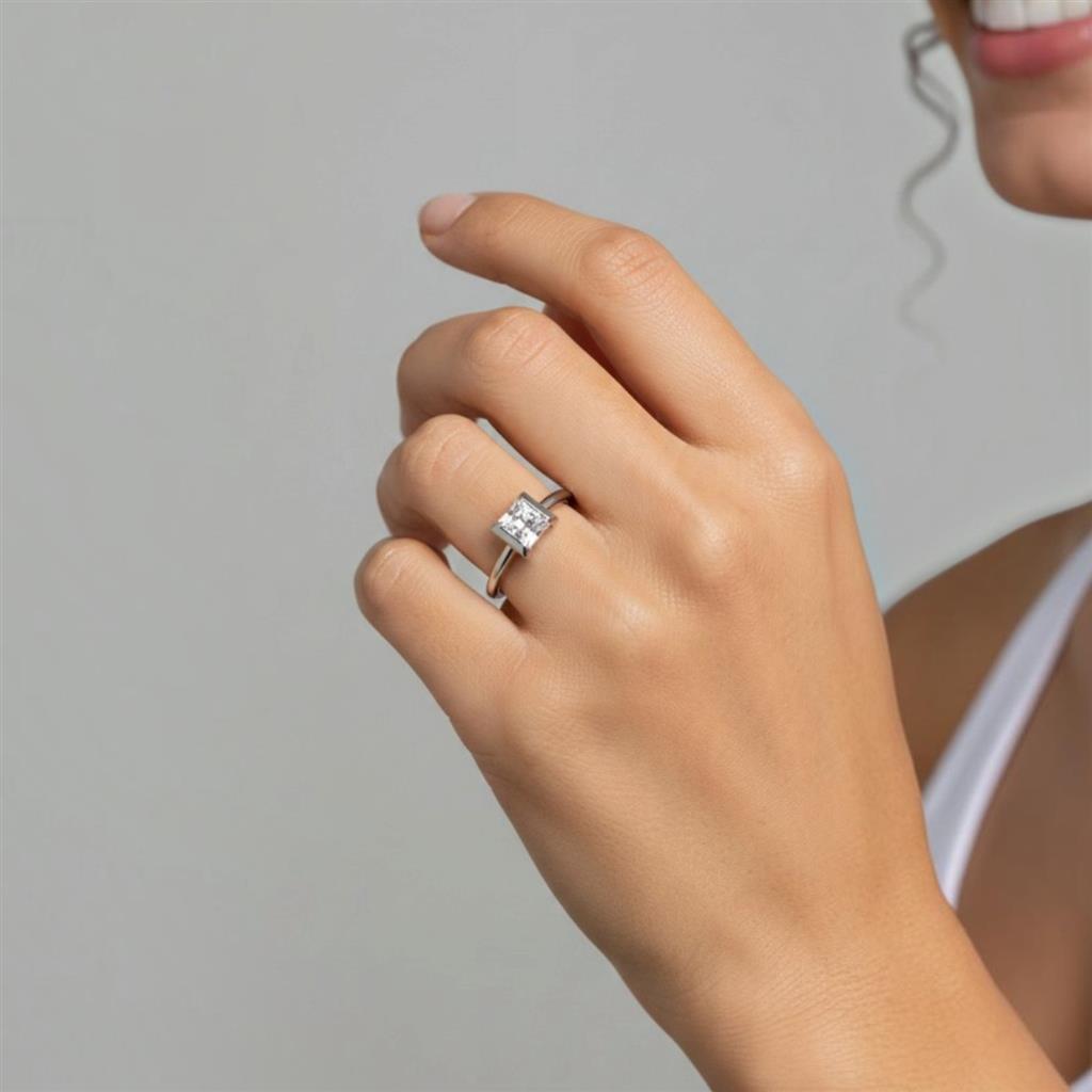 14KT White Gold 0.31ct Pyramid Cut Diamond Half Bezel Fashion Ring