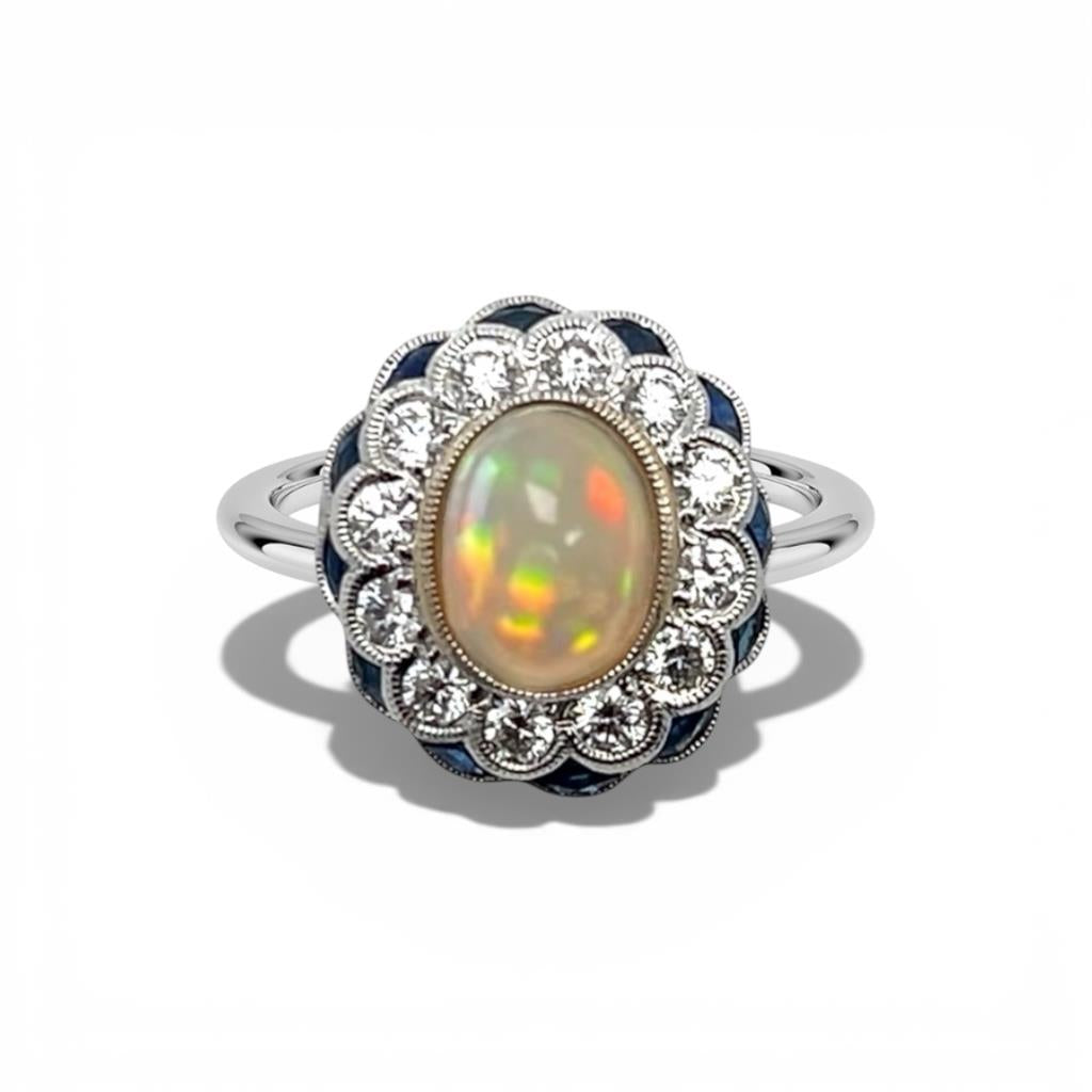 18KT White Gold Diamond, Sapphire and Opal Halo Ring