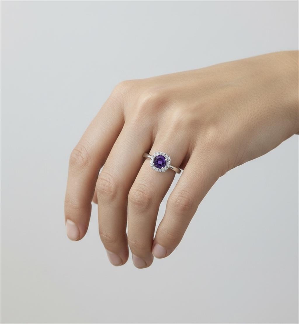14KT White Gold Amethyst And Diamond Halo Ring