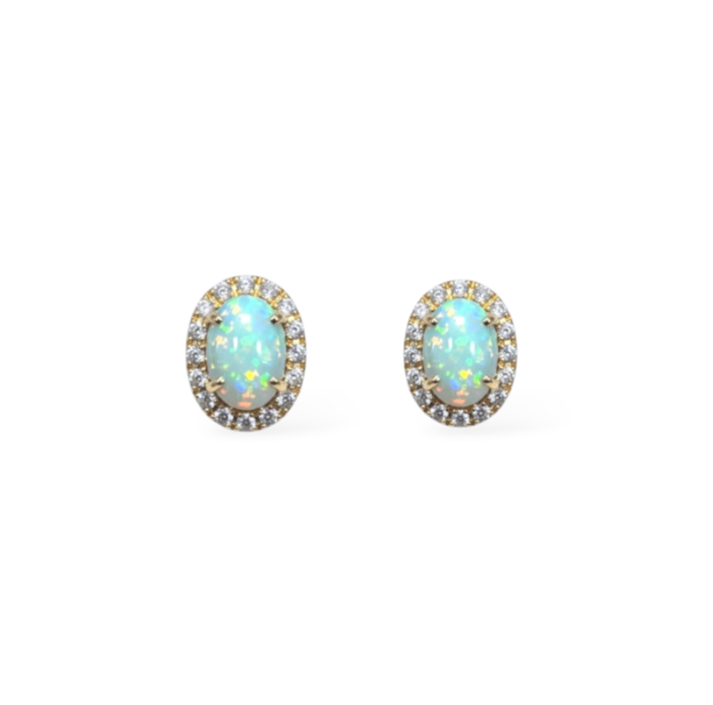 14KT Yellow Gold Diamond And Opal Halo Earrings