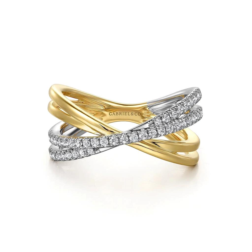 14K White and Yellow Gold Diamond Criss Cross Ladies Ring
