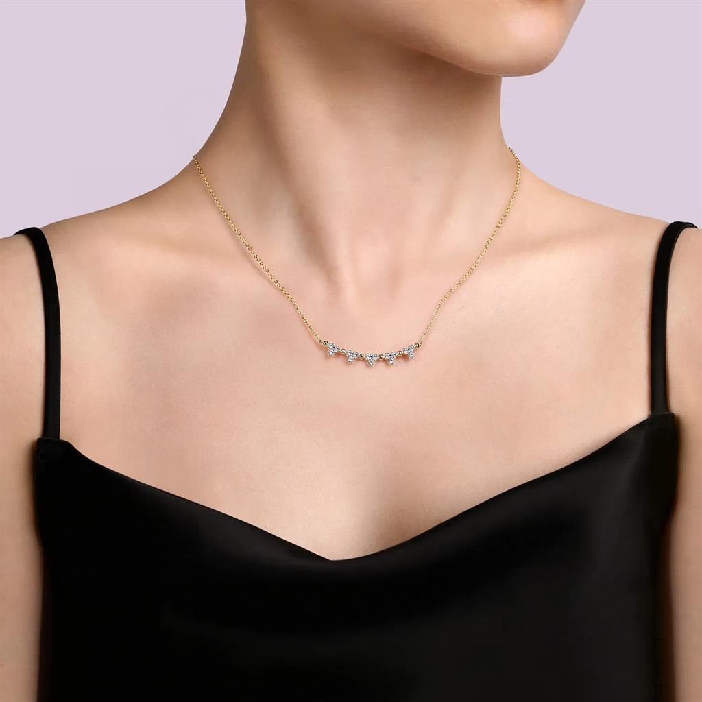 14K Yellow Gold Bujukan Bar Necklace with Diamond Trio Stations