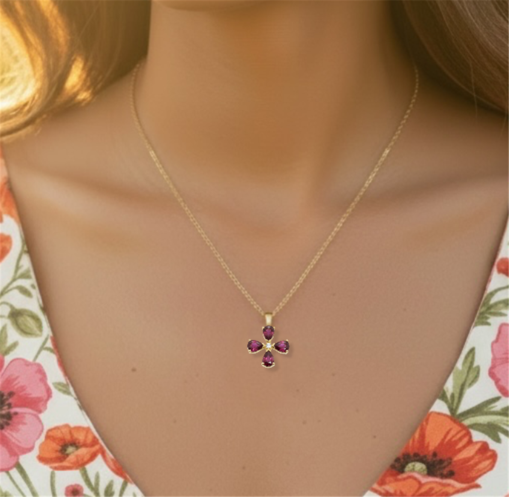 14Kt Yellow Gold Ruby And Diamond Flower Pendant