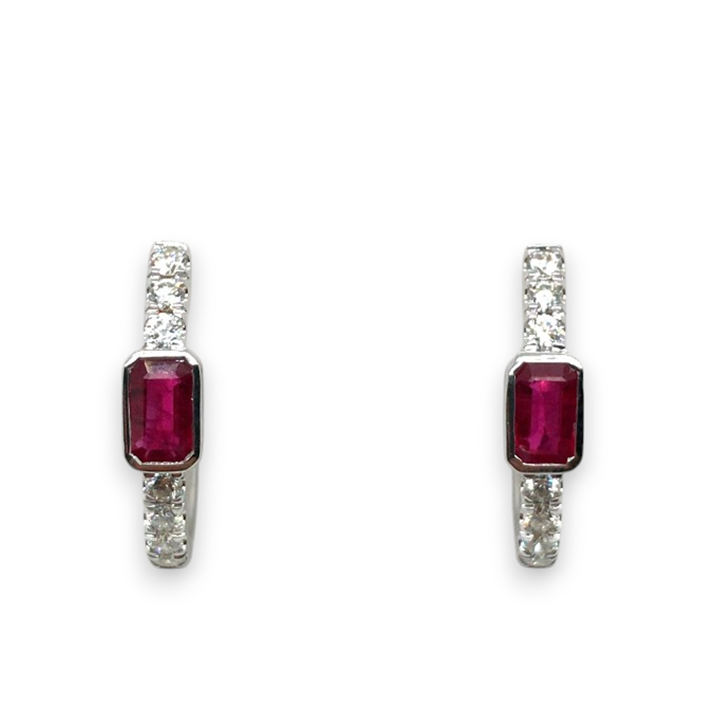 14kt White Gold Ruby & Diamond Oval Hoop Earrings