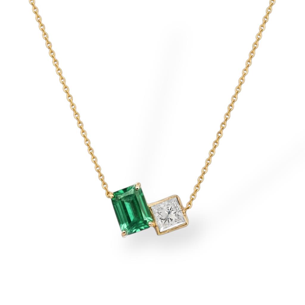 14KT Yellow Gold Emerald and Diamond Toi Et Moi Necklace