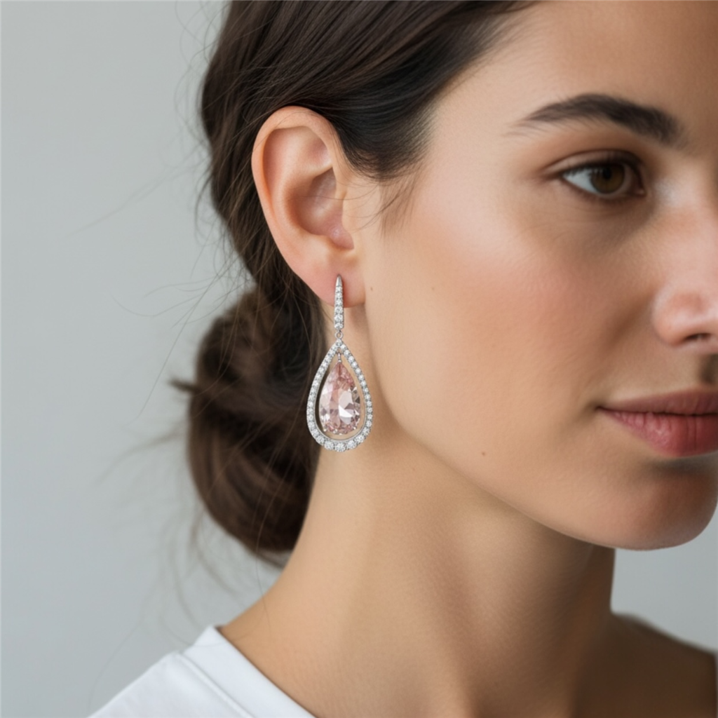 18K White Gold Morganite & Diamond Halo Dangle Earrings | 14.28 CTW