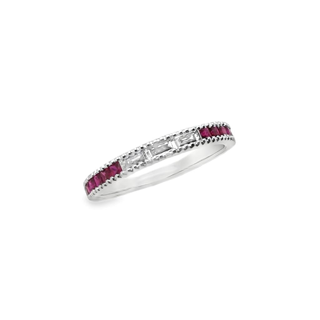 18kt White Gold Princess Cut Ruby & Baguette Diamond Ring