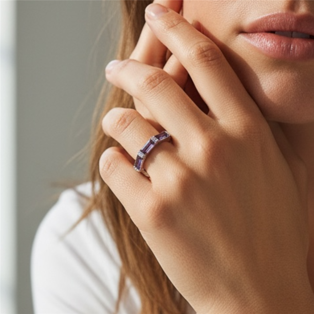 14K White Gold Baguette Amethyst & Diamond 3-Stone Ring | 1.29 CTW