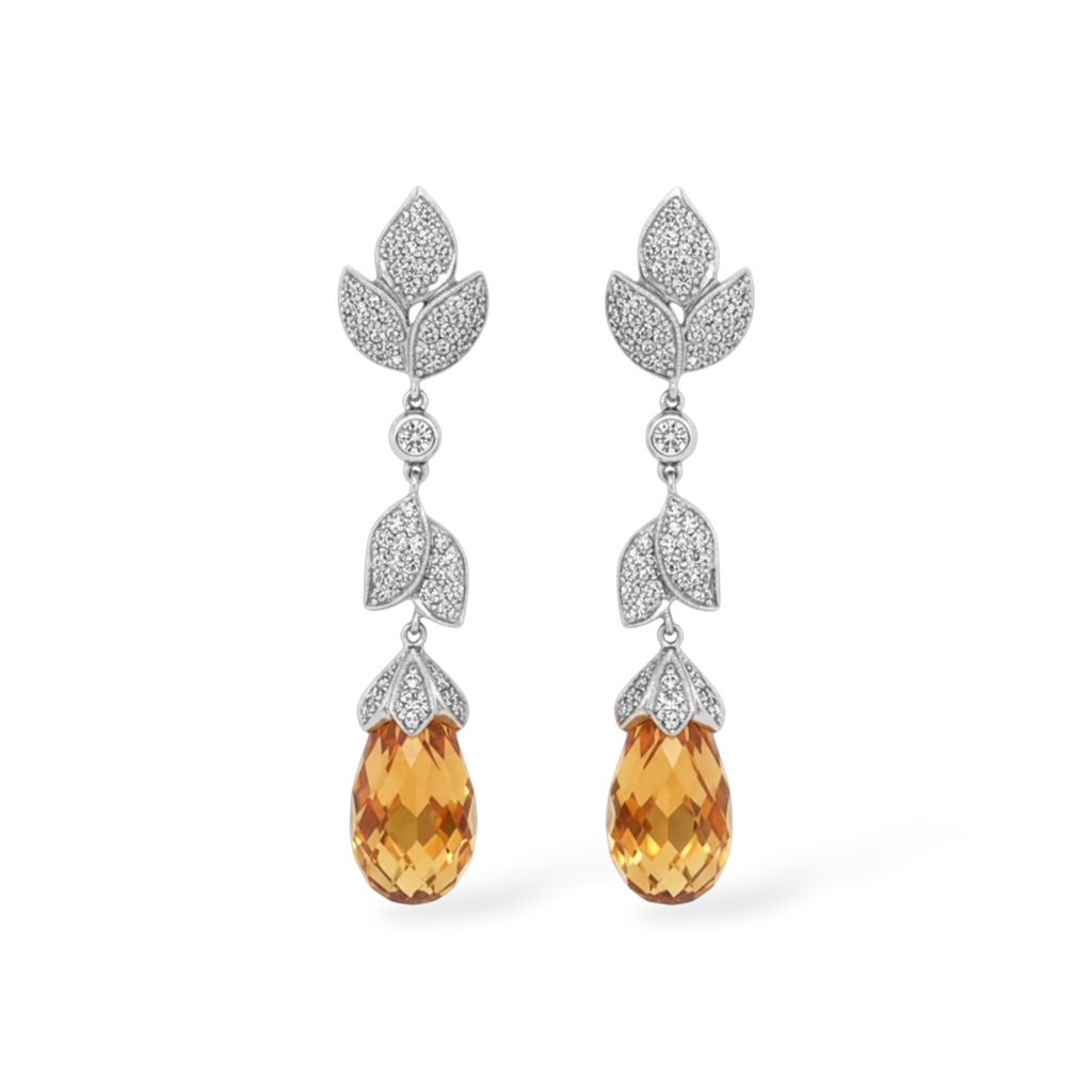 14KT White Gold Citrine and Diamond Dangle Earrings